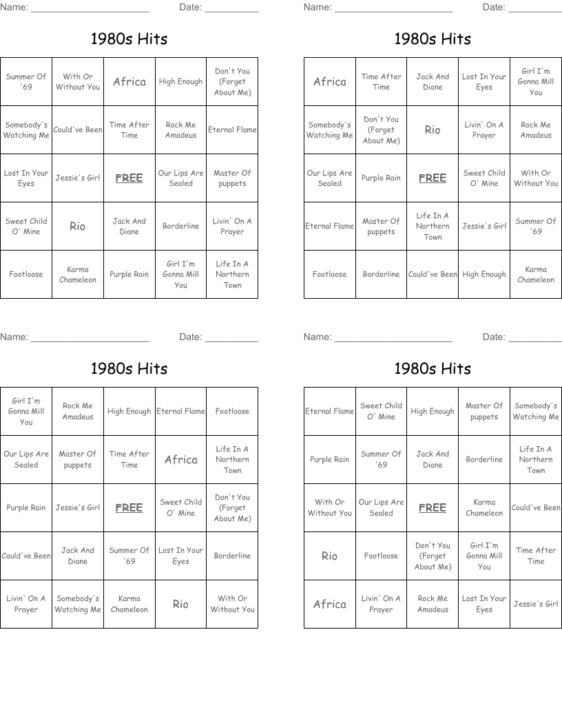 1980s Hits Bingo Cards