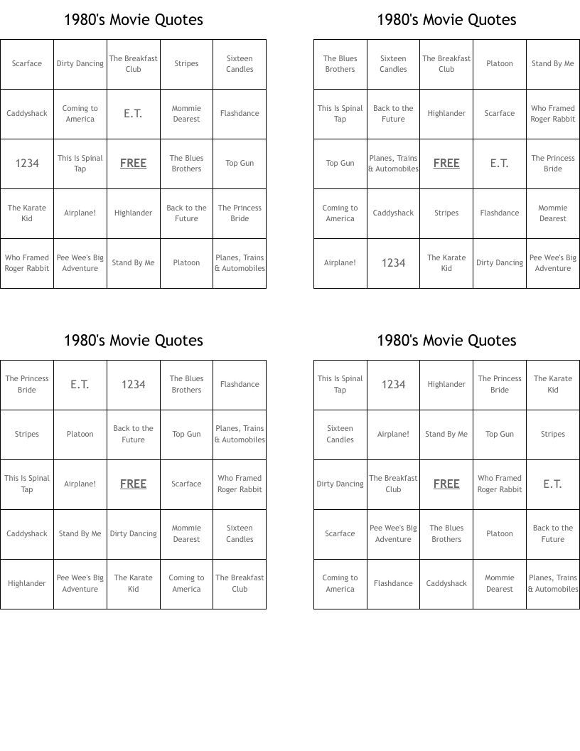 1980's Movie Quotes  Bingo Cards