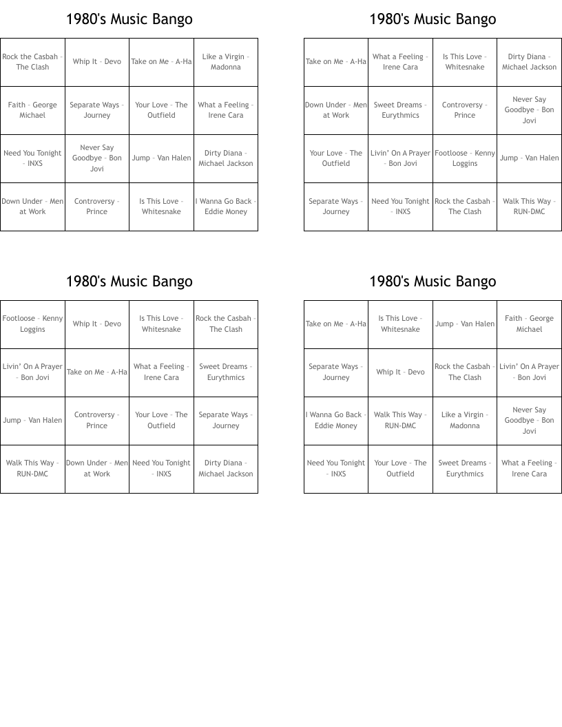 1980's Music Bango Bingo Cards