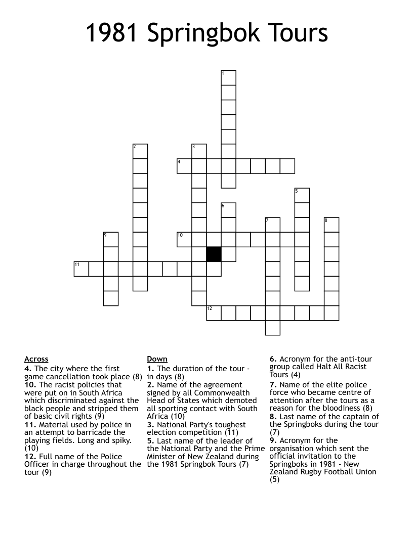 1981 Springbok Tours Crossword