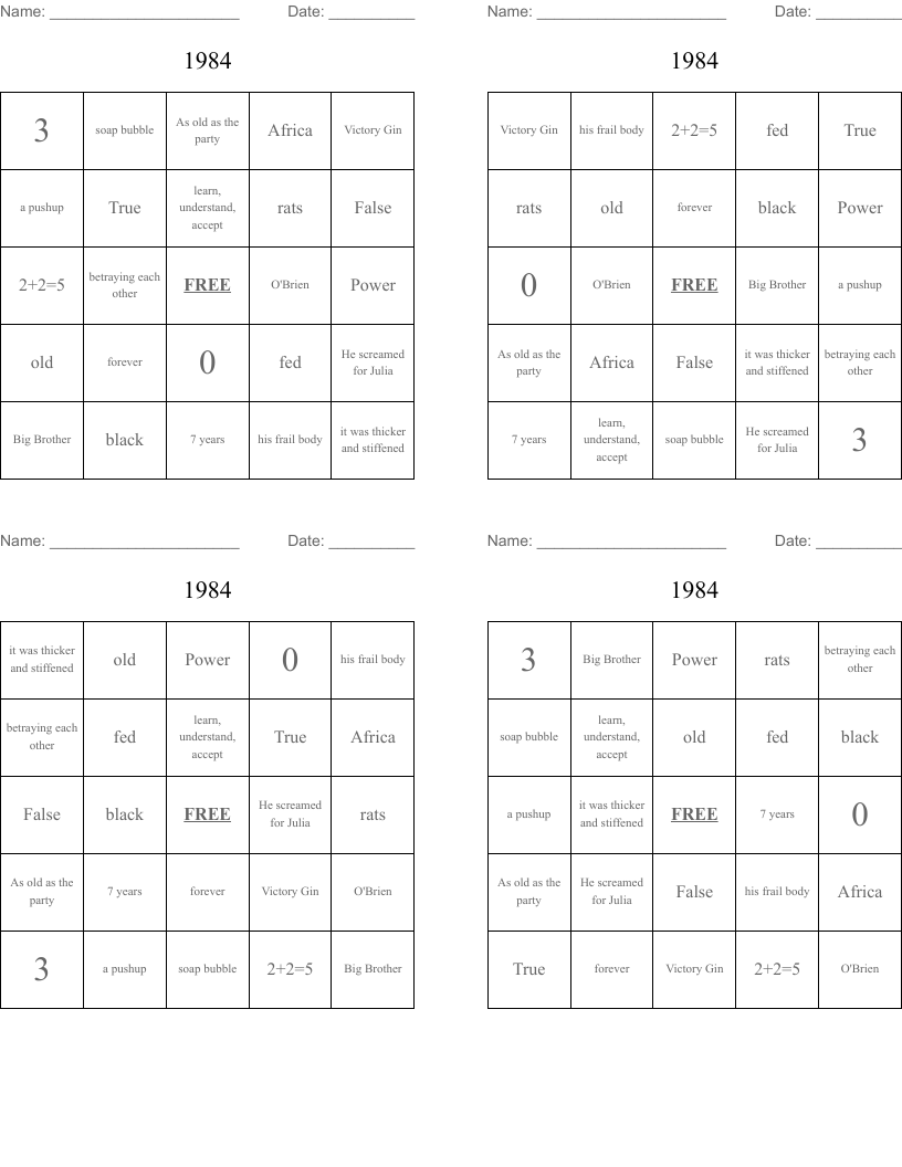 1984 Bingo Cards