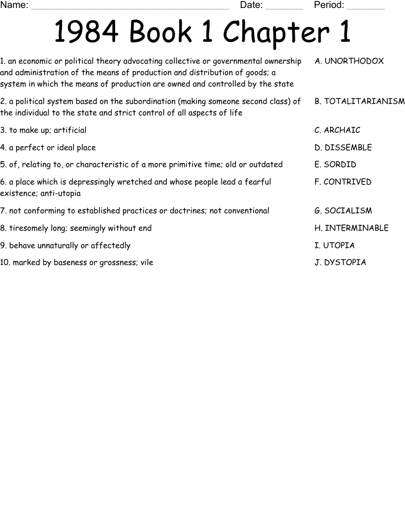1984 Book 1 Chapter 1 Worksheet