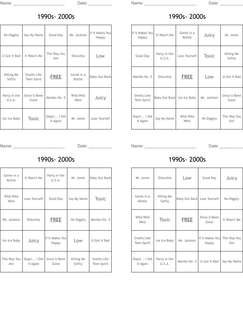 1990s- 2000s  Bingo Cards