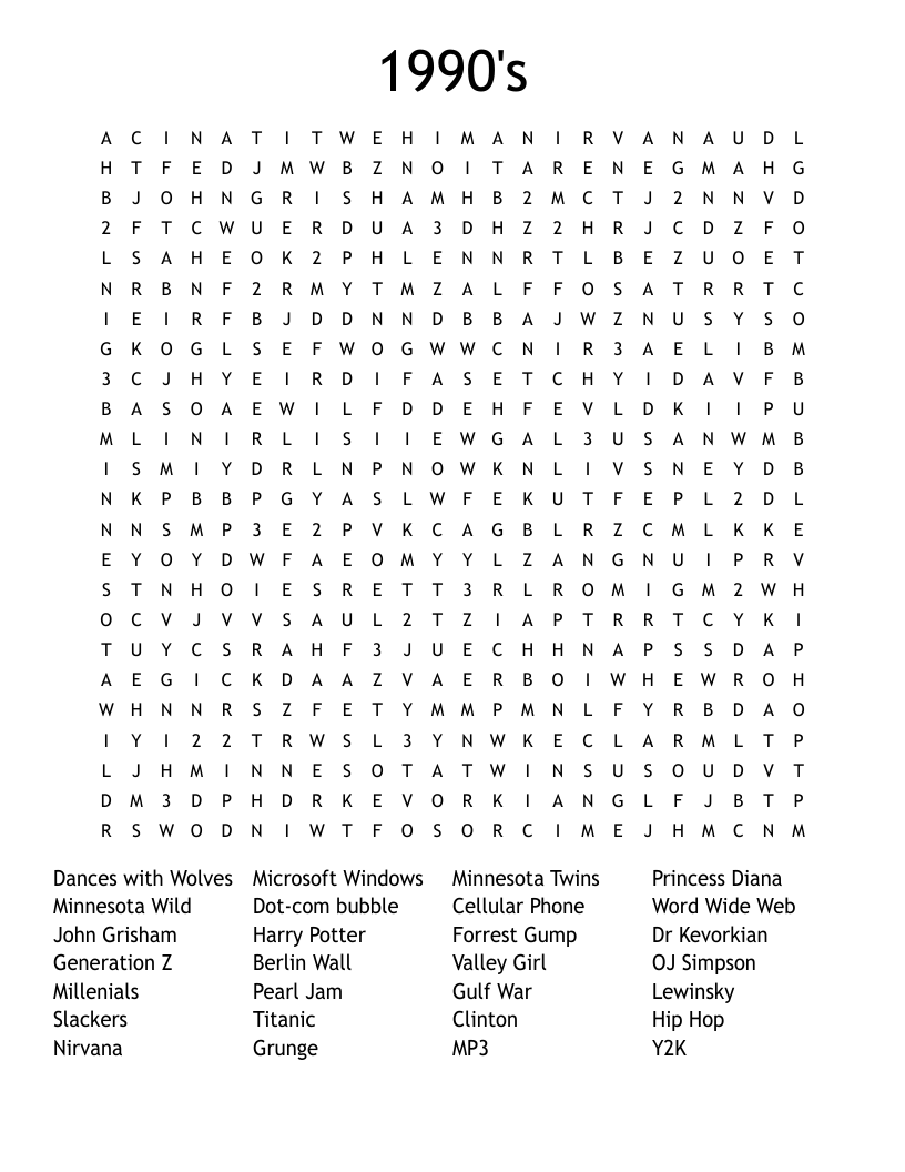 1990's Word Search