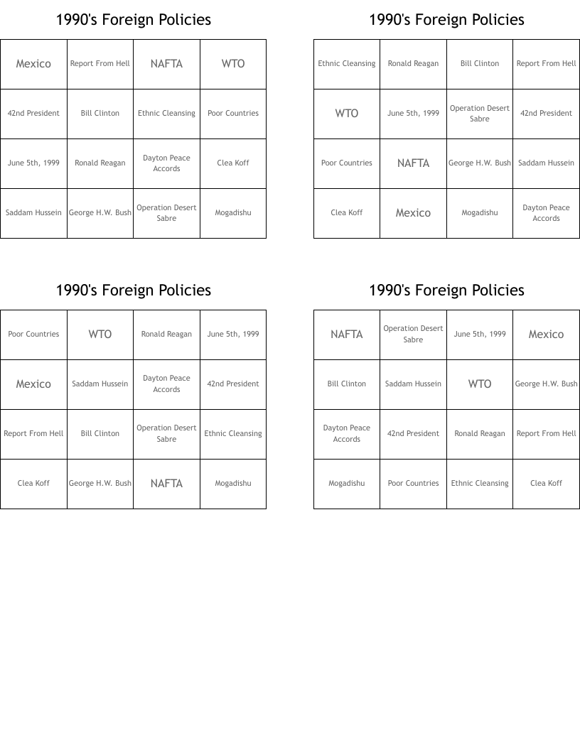 1990's Foreign Policies  Bingo Cards