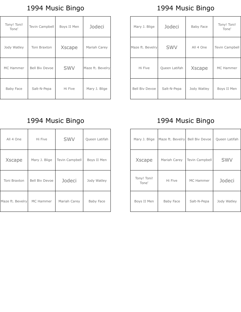 1994 Music Bingo