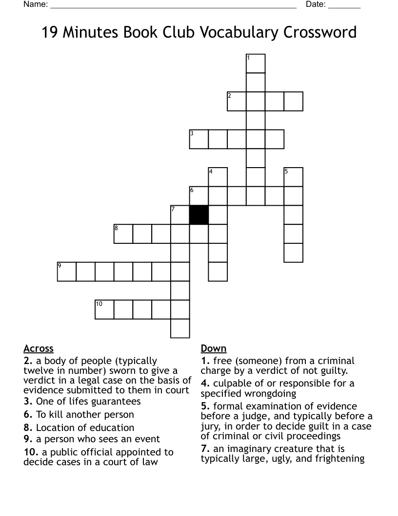 19 Minutes Book Club Vocabulary Crossword