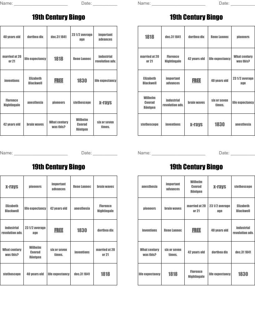 19th Century Bingo