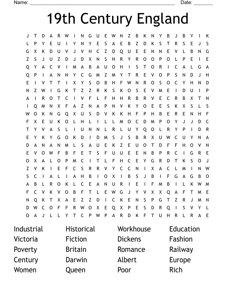19th Century England Word Search