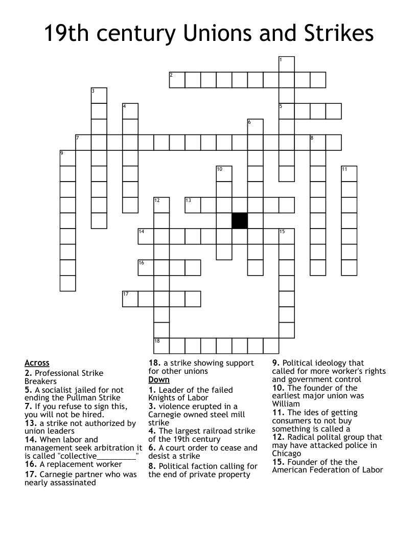 19th century Unions and Strikes Crossword