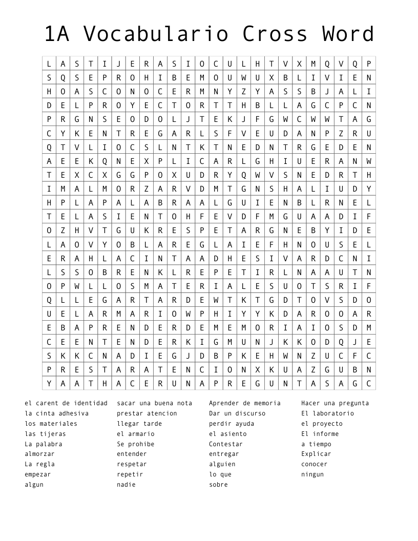 1A Vocabulario Cross Word Word Search