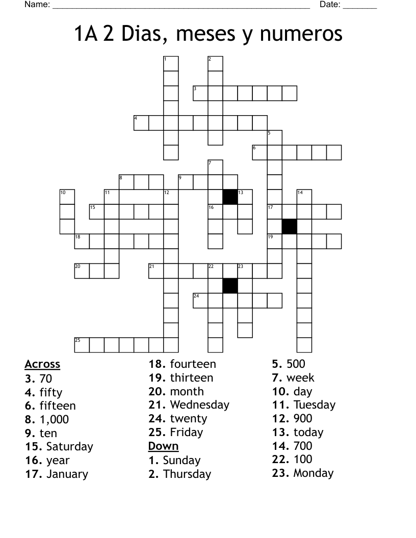1A      2     Dias, meses y numeros Crossword