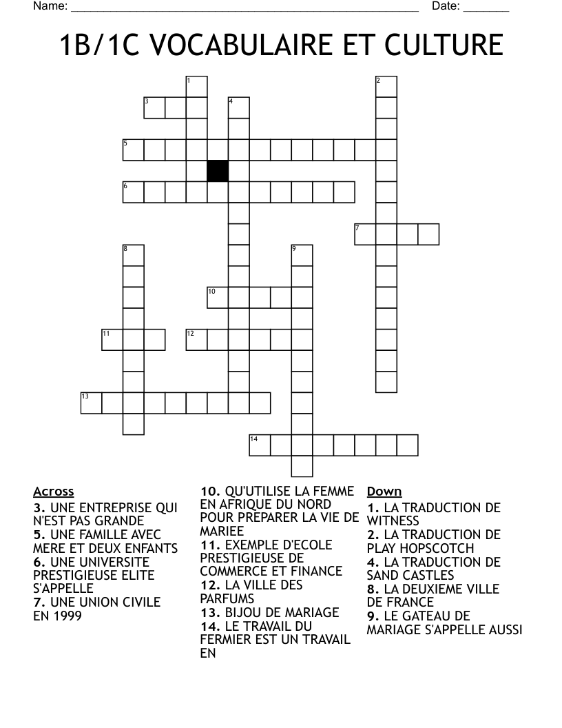 1B/1C VOCABULAIRE ET CULTURE Crossword