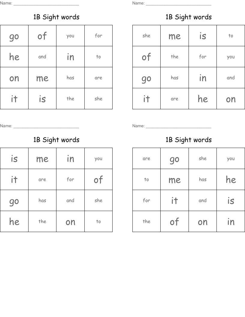 1B Sight words Bingo Cards