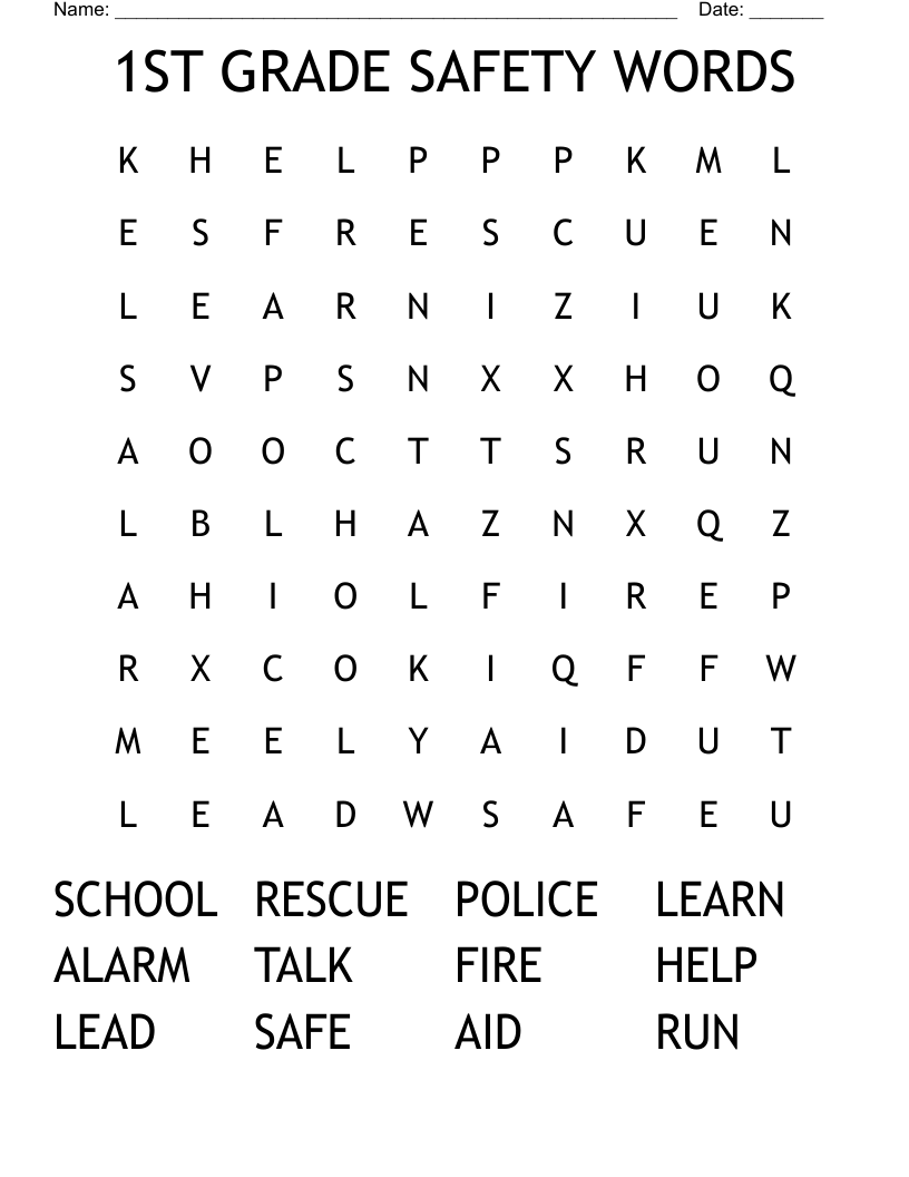 1ST GRADE SAFETY WORDS Word Search
