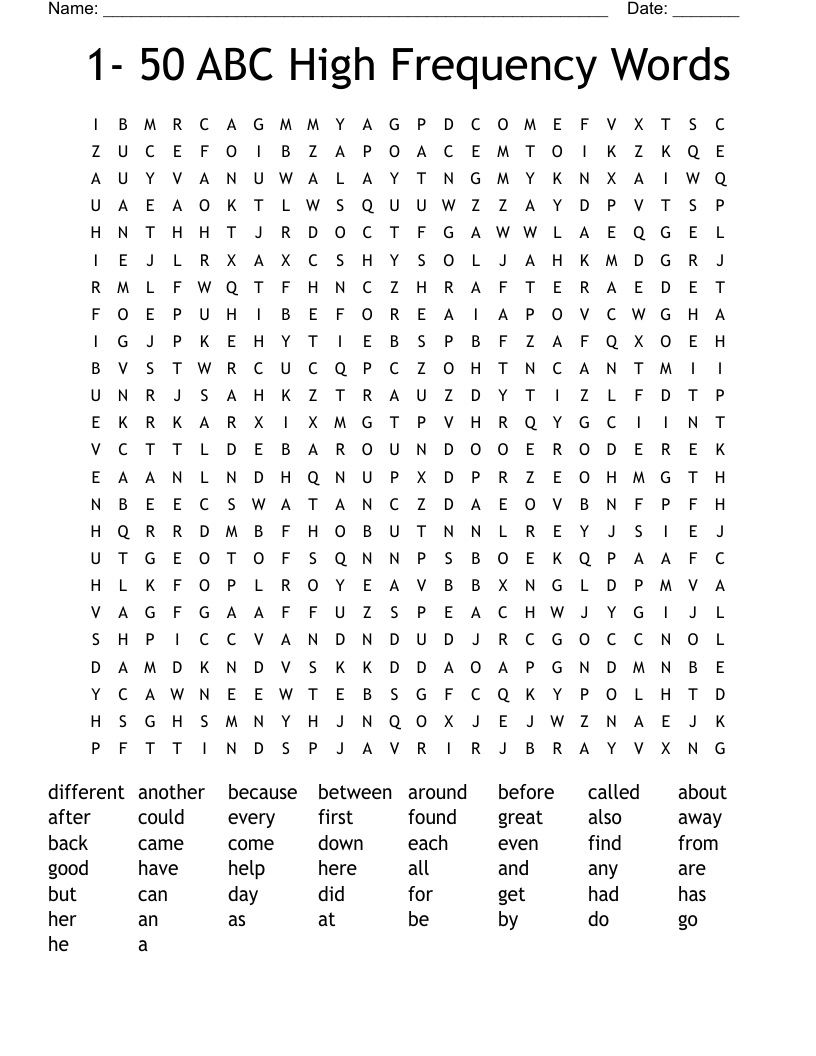 1- 50 ABC High Frequency Words Word Search