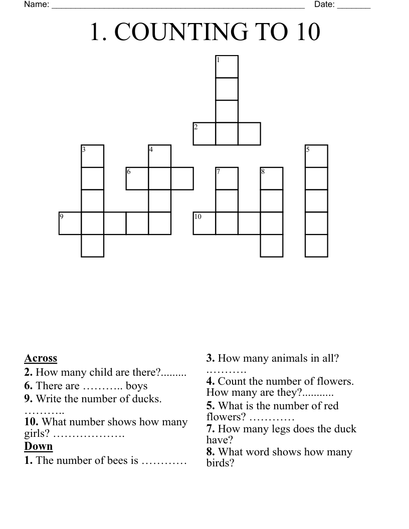 1. COUNTING TO 10 Crossword