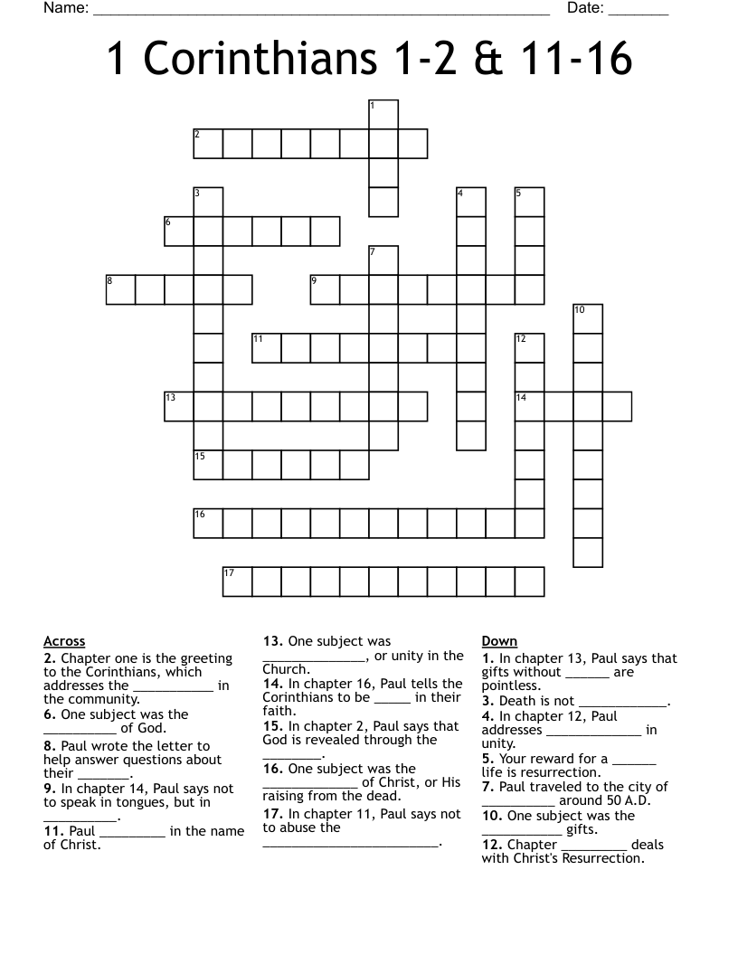 1 Corinthians 1-2 & 11-16 Crossword