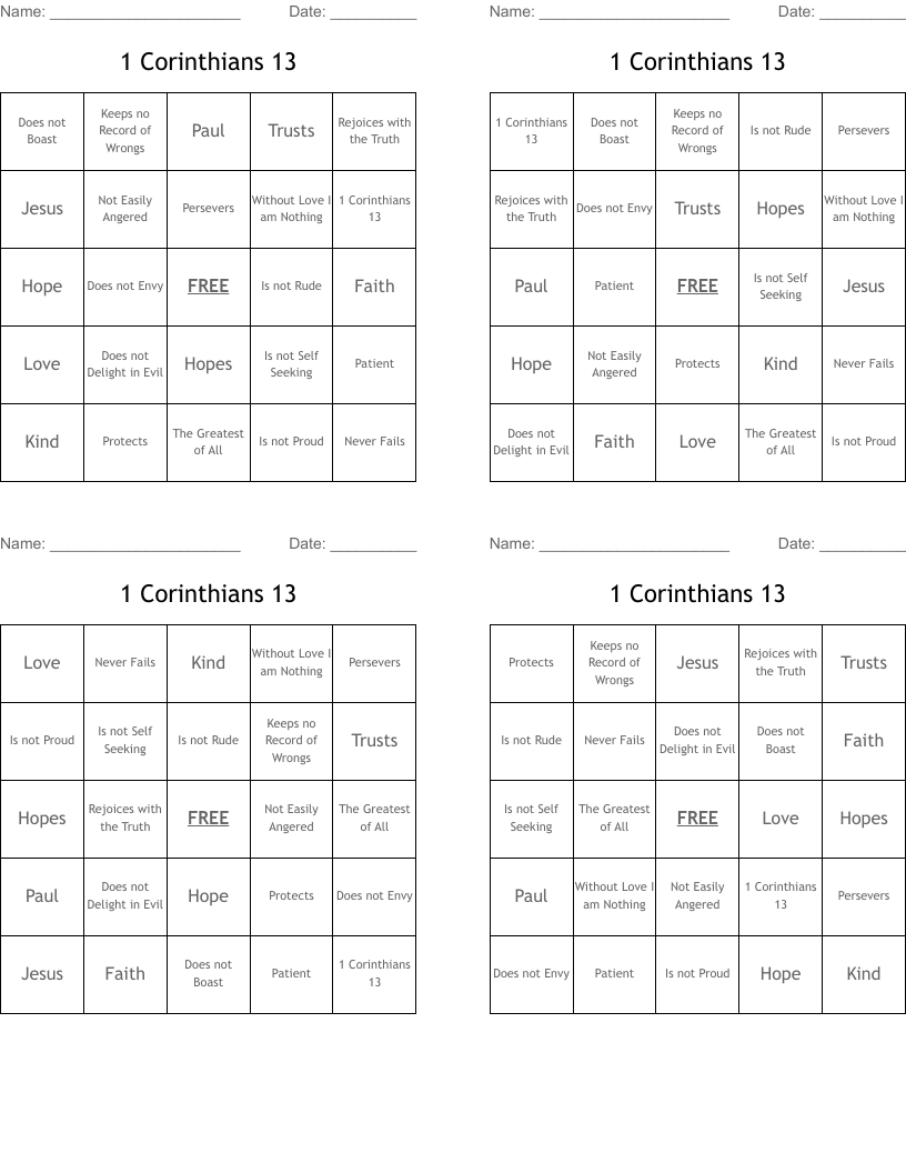 1 Corinthians 13 Bingo Cards