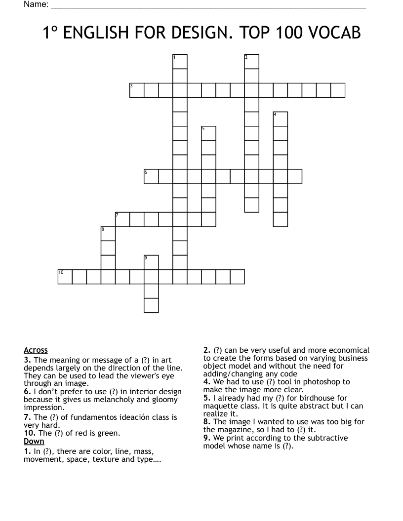 1º ENGLISH FOR DESIGN. TOP 100 VOCAB Crossword