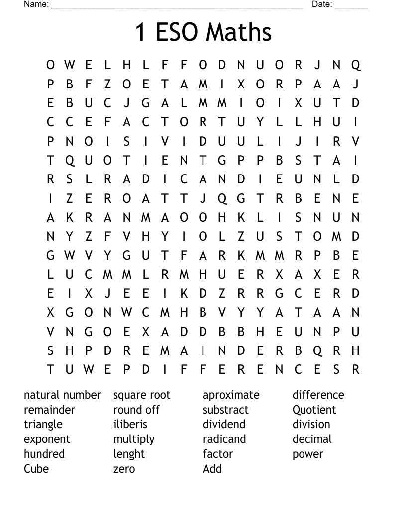 1 ESO Maths Word Search