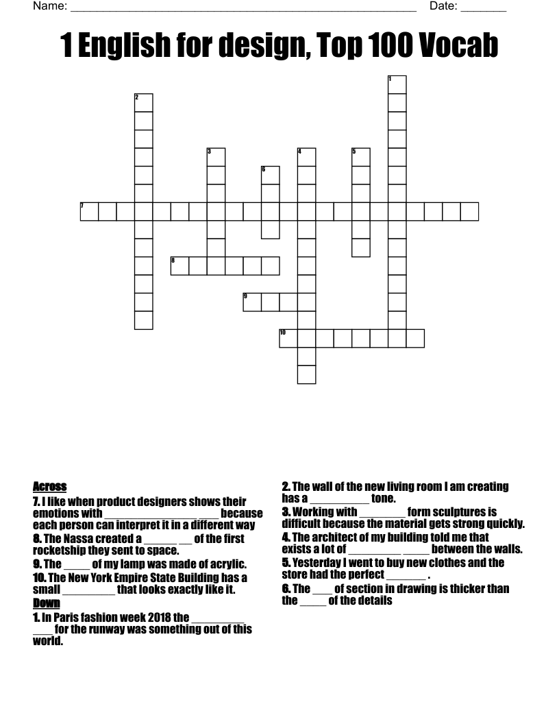 1 English for design, Top 100 Vocab  Crossword