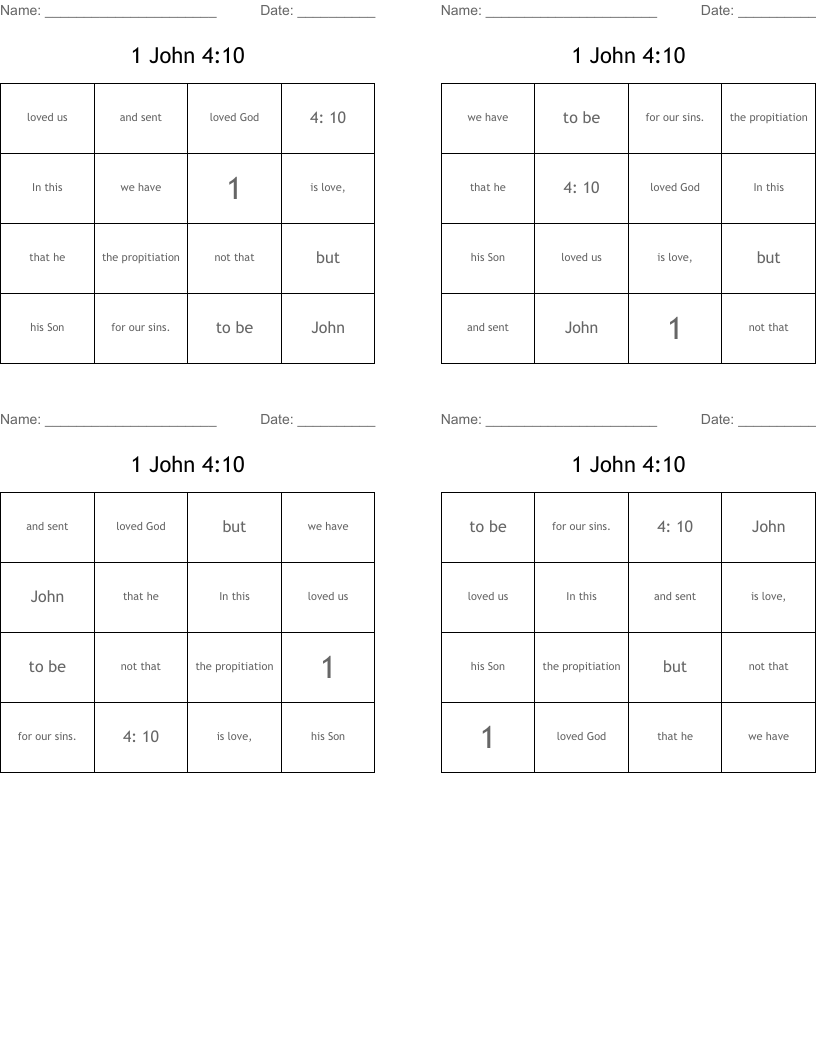 1 John 4:10 Bingo Cards