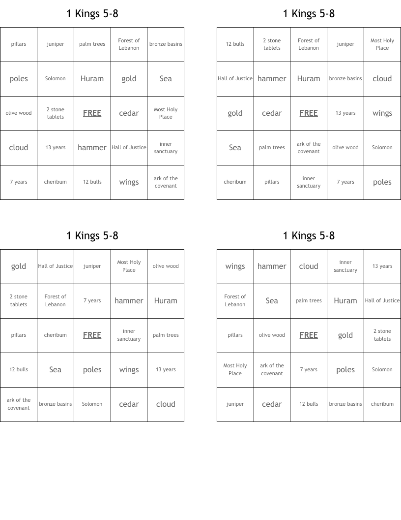 1 Kings 5-8 Bingo Cards