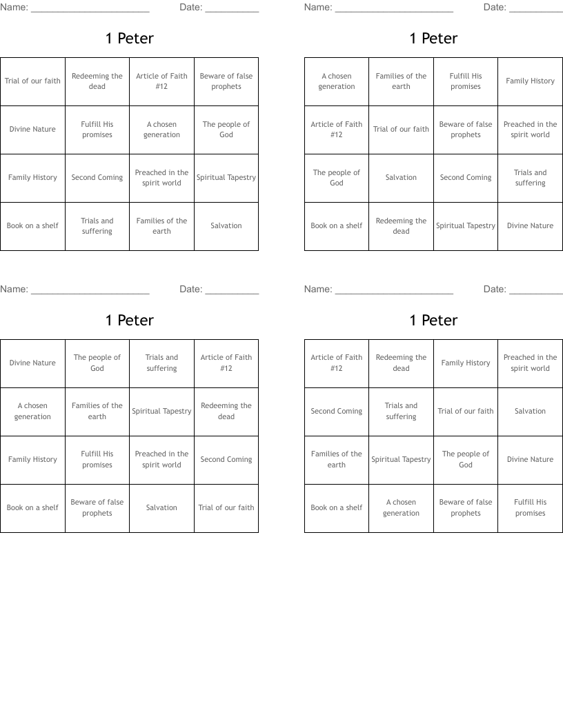 1 Peter Bingo Cards