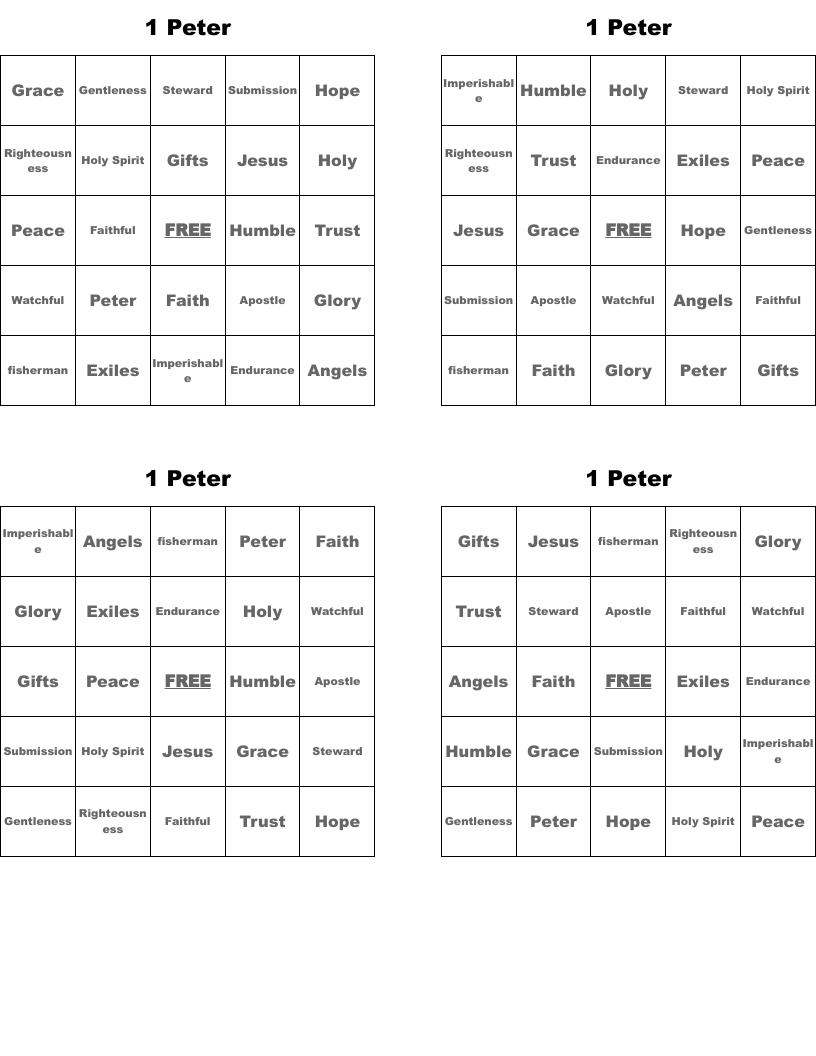 1 Peter Bingo Cards