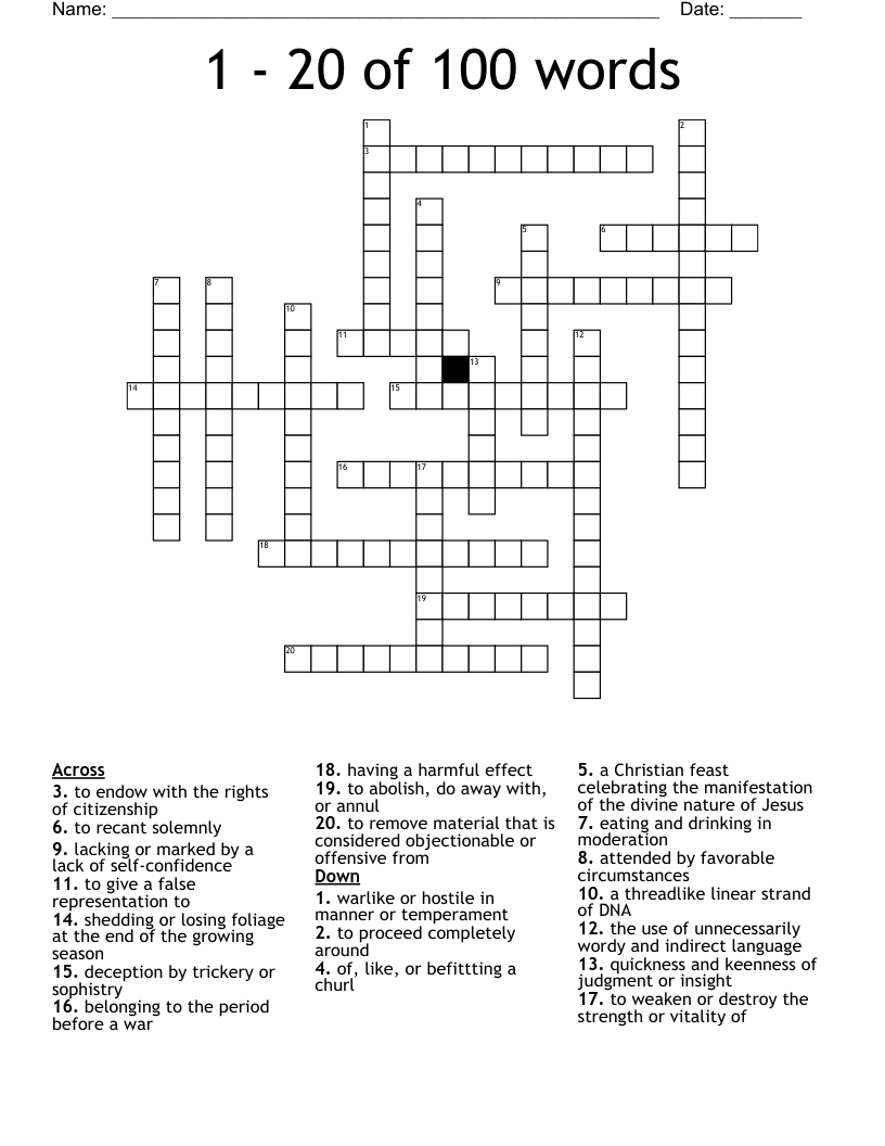 1 - 20 of 100 words Crossword