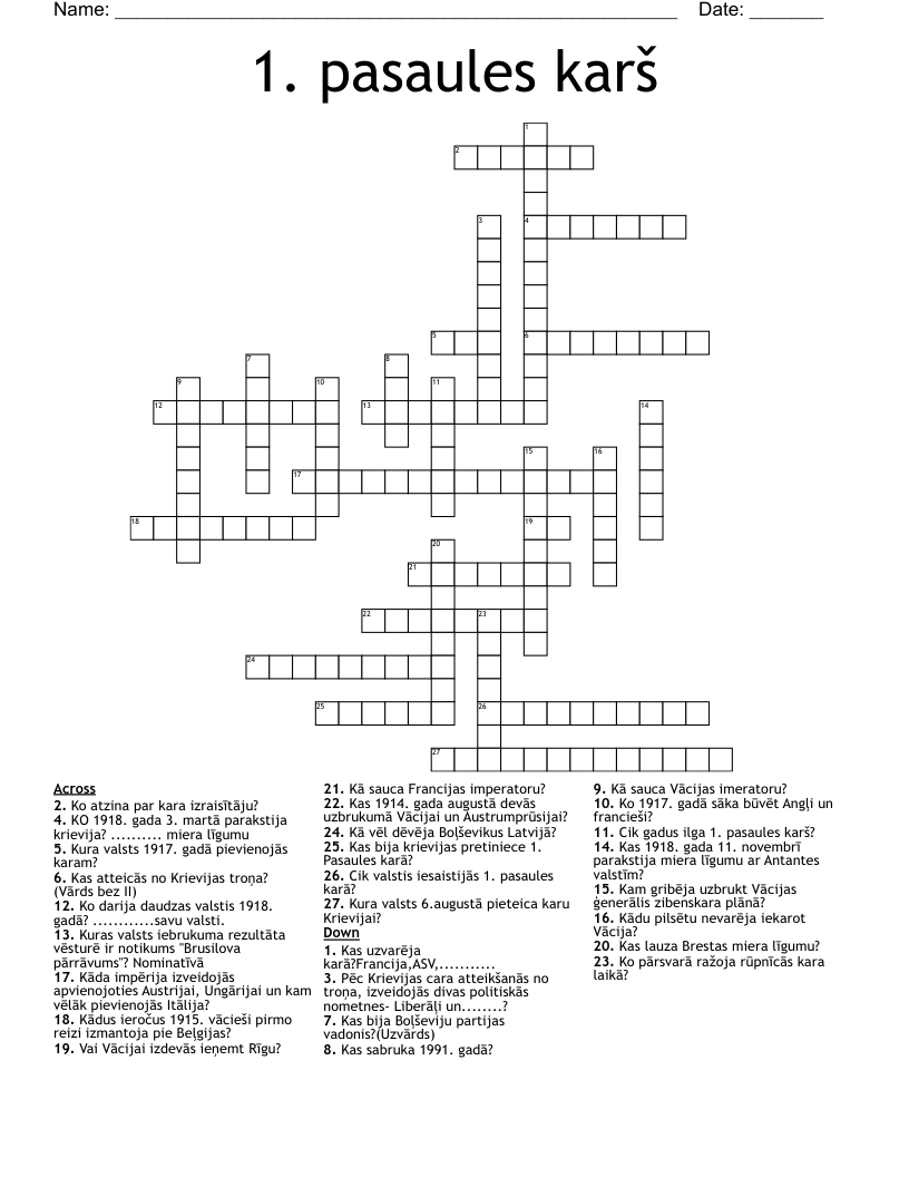 1. pasaules karš Crossword