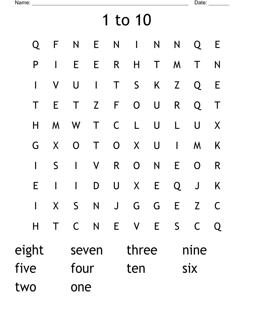 1 to 10 Word Search