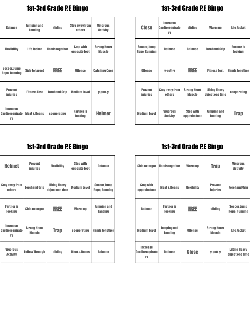 1st-3rd Grade P.E Bingo