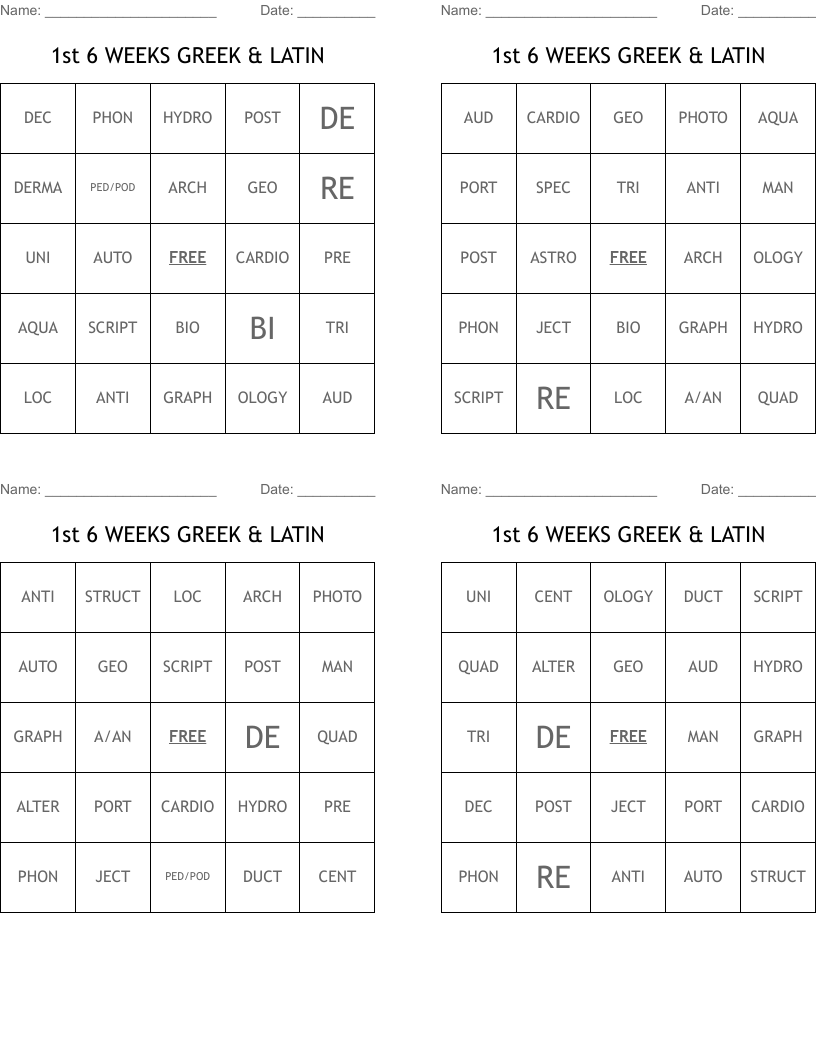 1st 6 WEEKS GREEK & LATIN  Bingo Cards