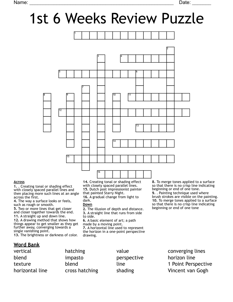 1st 6 Weeks Review Puzzle Crossword