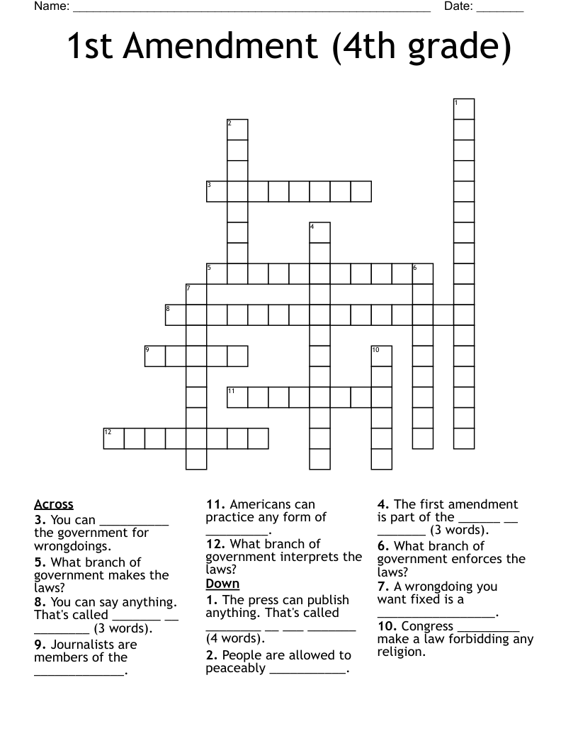 1st Amendment (4th grade) Crossword