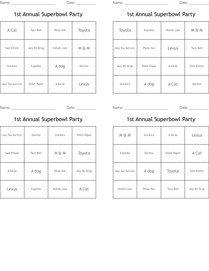 1st Annual Superbowl Party Bingo Cards