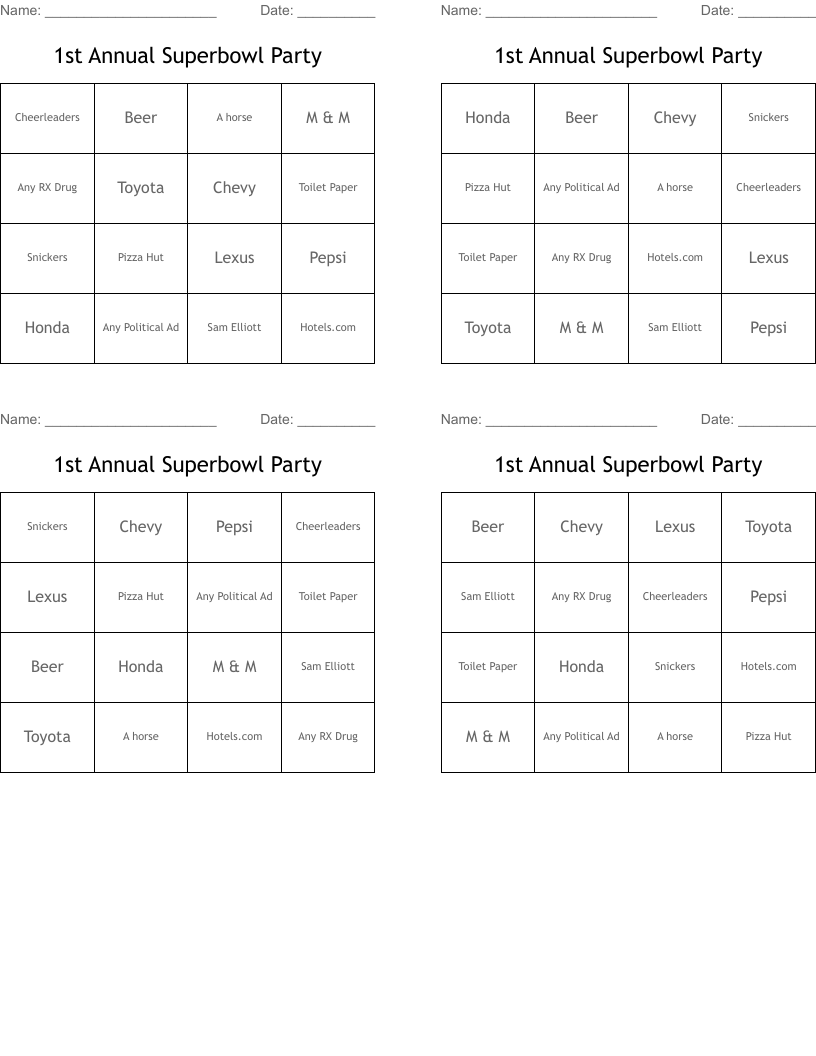 1st Annual Superbowl Party Bingo Cards
