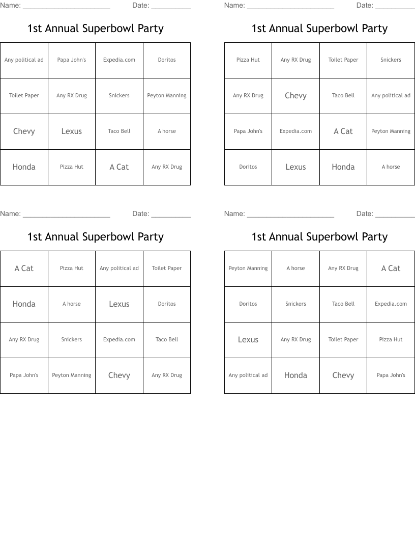 1st Annual Superbowl Party  Bingo Cards