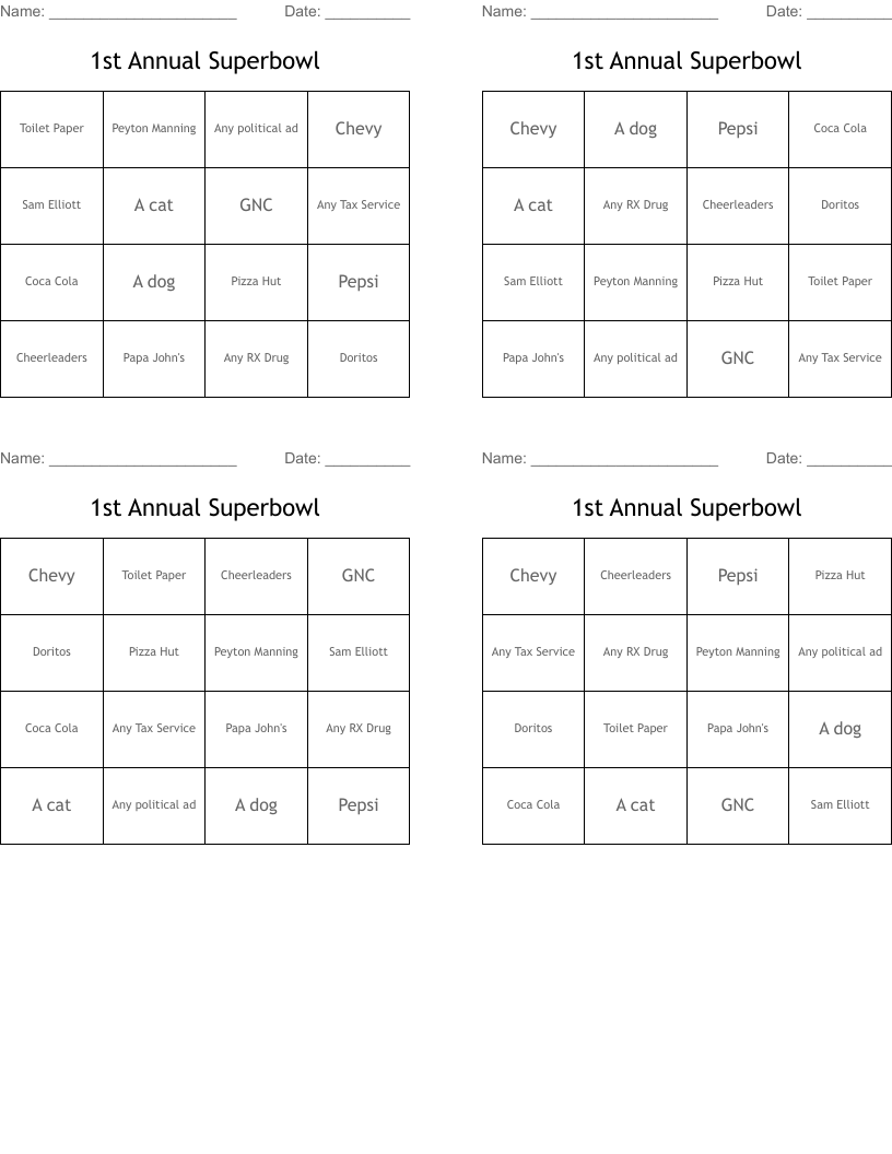 1st Annual Superbowl  Bingo Cards