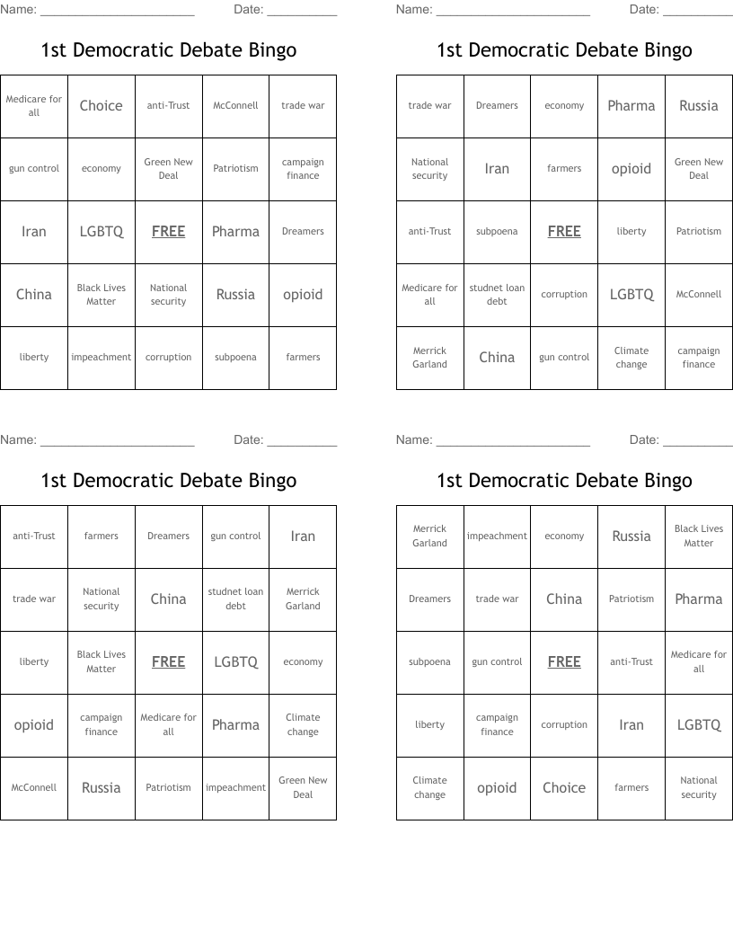 1st Democratic Debate Bingo