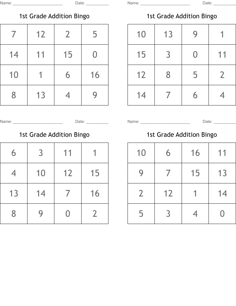 1st Grade Addition Bingo