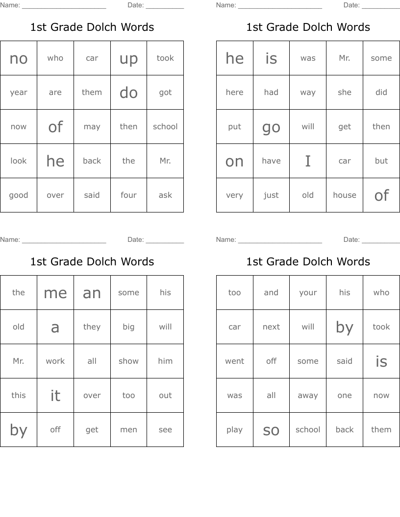 1st Grade Dolch Words Bingo Cards