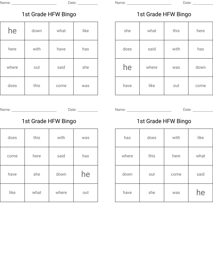 1st Grade HFW Bingo