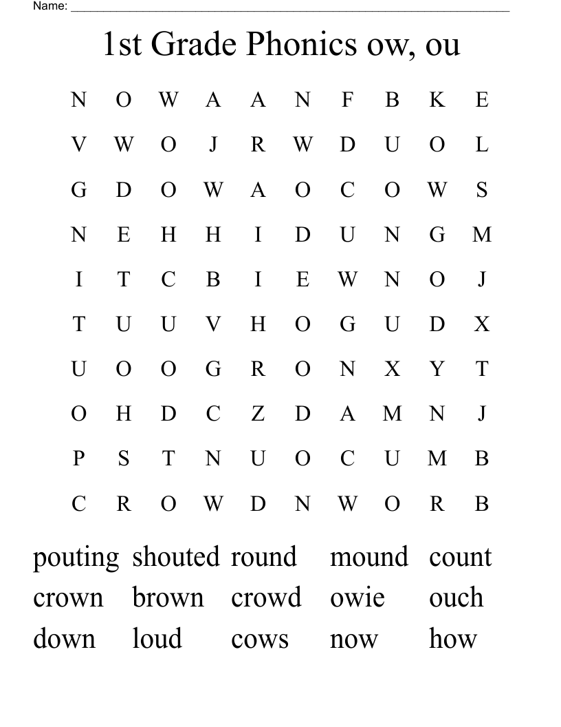 1st Grade Phonics ow, ou Word Search