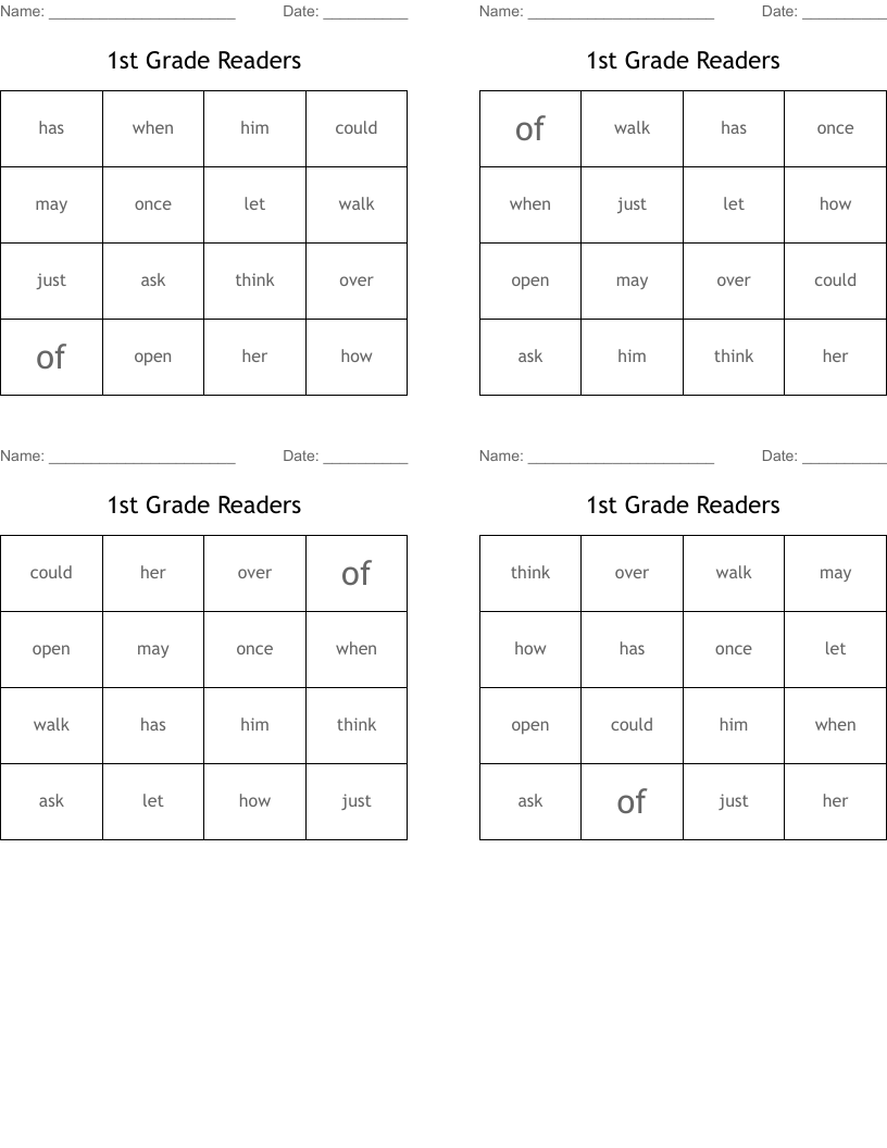 1st Grade Readers Bingo Cards