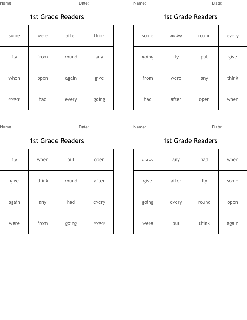 1st Grade Readers Bingo Cards