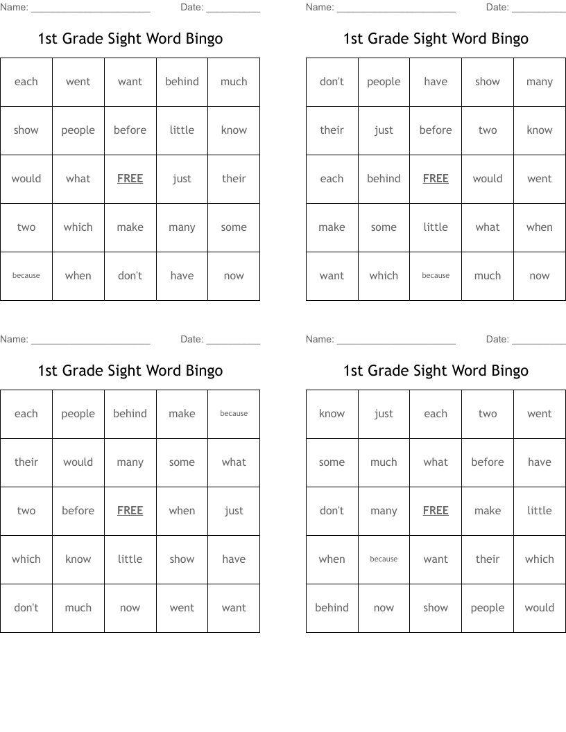 1st Grade Sight Word Bingo