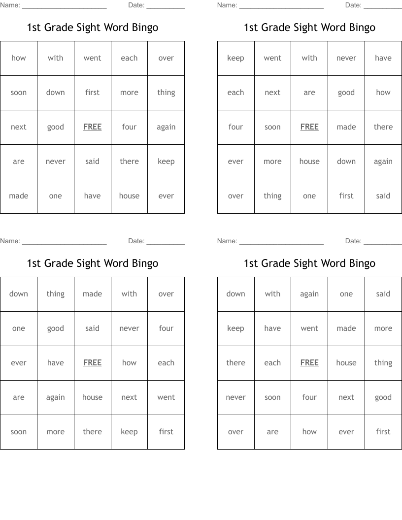1st Grade Sight Word Bingo